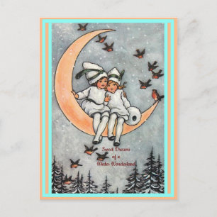 Vintage Kinder, Halbmond, Winterschneevögel Postkarte