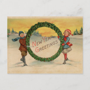 Vintage Kinder halten Kranz Frohes Neues Jahr Postkarte