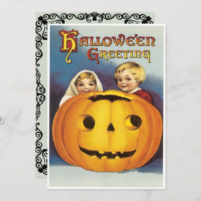 Vintage Kinder hinter einem KürbisHalloween Einladung (Vorne/Hinten)