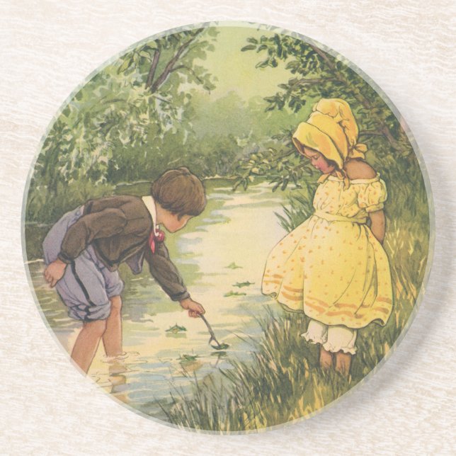 Vintage Kinder, Junge und Mädchen spielen von Cree Getränkeuntersetzer (Vorne)