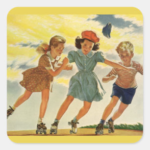 Vintage Kinder, Jungs Mädchen Spaß Roller Skaten Quadratischer Aufkleber
