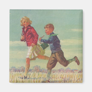 Vintage Kinder laufen zur Schule und tragen Bücher Magnet