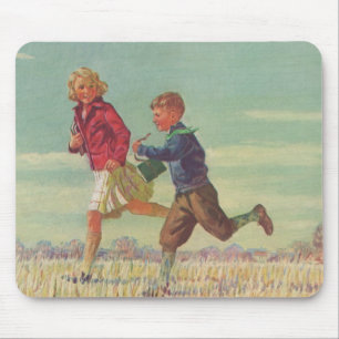 Vintage Kinder laufen zur Schule und tragen Bücher Mousepad