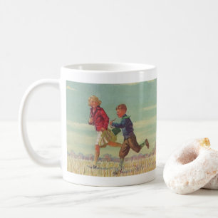 Vintage Kinder laufen zur Schule und tragen Bücher Tasse