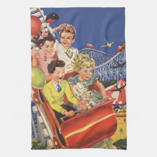 Vintage-Kinder-Luftballons-Hund-Achterbahnfahrt Geschirrtuch