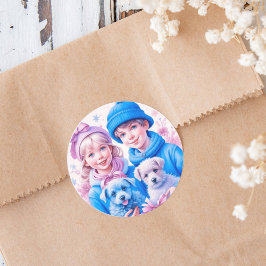 Vintage Kinder mit blauen und rosa Welpen Weihnach Runder Aufkleber