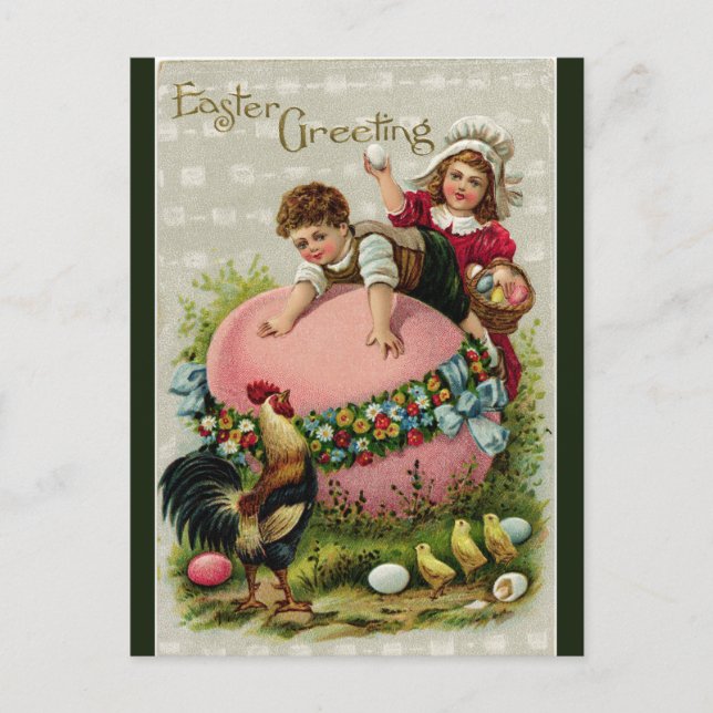 Vintage Kinder mit einem Rieseneier zu Ostern Postkarte (Vorderseite)