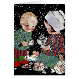 Vintage Kinder mit einem Tee-Party, das sich vortä