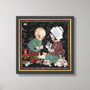 Vintage Kinder mit einem Tee-Party, das sich vortä Leinwanddruck