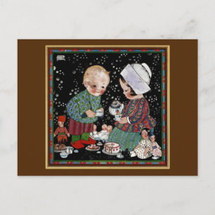 Vintage Kinder mit einem Tee-Party, das sich vortä Postkarte