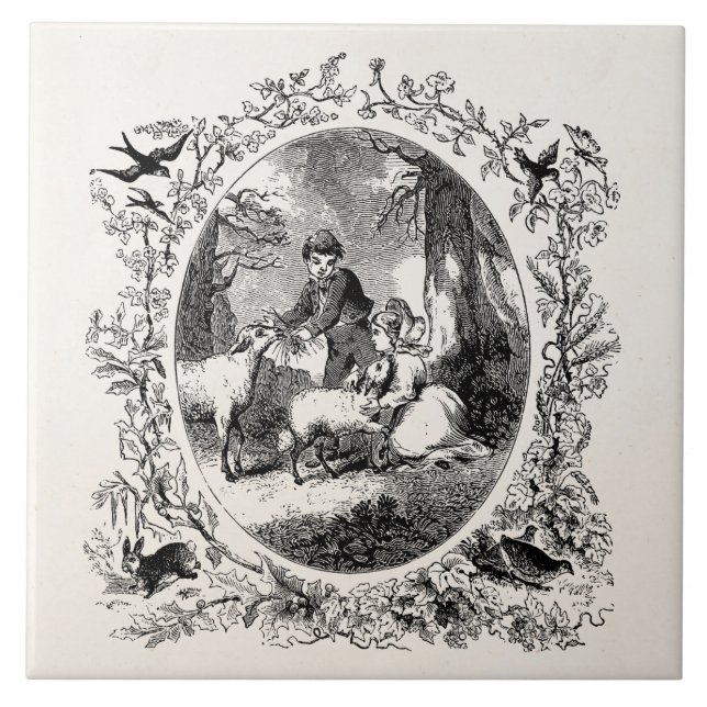 Vintage Kinder mit Schafen Personalisierte Illustr Fliese (Vorderseite)