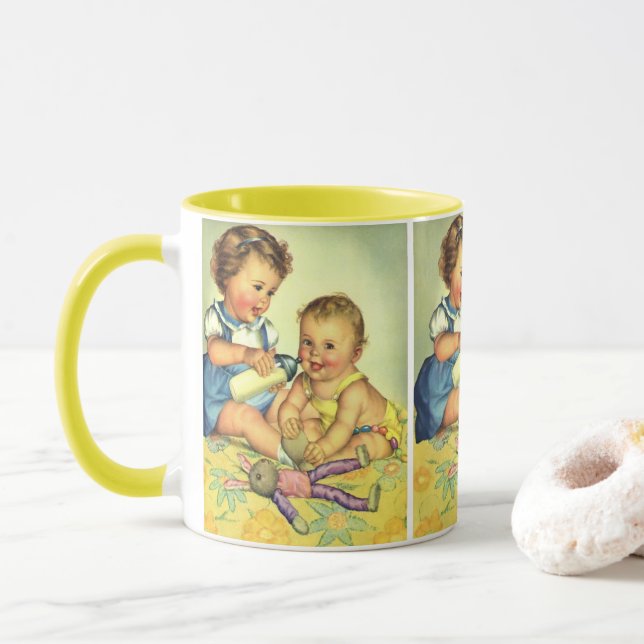 Vintage Kinder, Niedliche glückliche Kleinkinder l Tasse (Mit Donut)