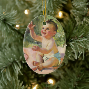 Vintage Kinder, Niedliches Baby-Mädchen auf einem  Keramikornament