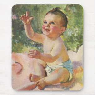 Vintage Kinder, Niedliches Baby-Mädchen auf einem  Mousepad