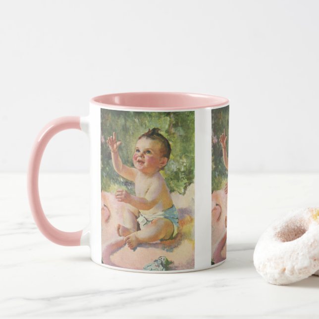 Vintage Kinder, Niedliches Baby-Mädchen auf einem  Tasse (Mit Donut)