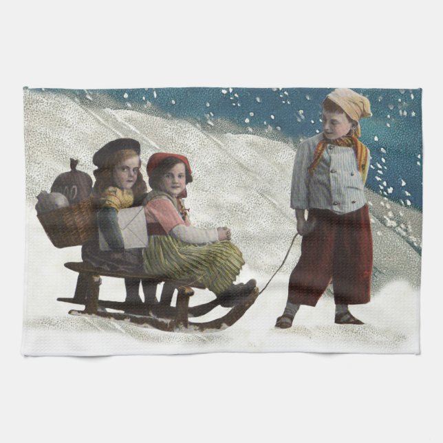 Vintage Kinder Rodelbahn Weihnachten Winter Handtuch (Horizontal)