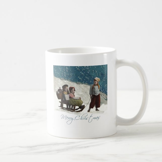 Vintage Kinder Rodelbahn Weihnachten Winter Kaffeetasse (Rechts)
