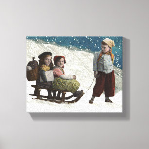 Vintage Kinder Rodelbahn Weihnachten Winter Leinwanddruck