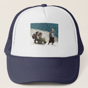 Vintage Kinder Rodelbahn Weihnachten Winter Truckerkappe