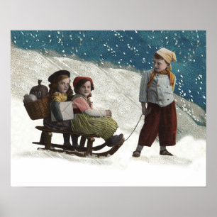 Vintage Kinder Schlittenfahren Weihnachten Winter Poster
