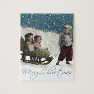 Vintage Kinder Schlittenfahren Weihnachten Winter Puzzle