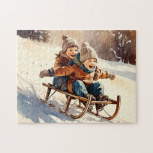Vintage-Kinder-Schlittenfahrt-Wasserfarbe-Winter Puzzle