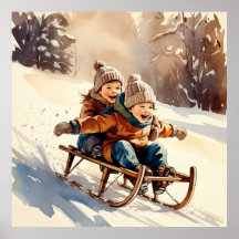 Vintage-Kinder-Schlittenfahrt-Wasserfarben-Winterp