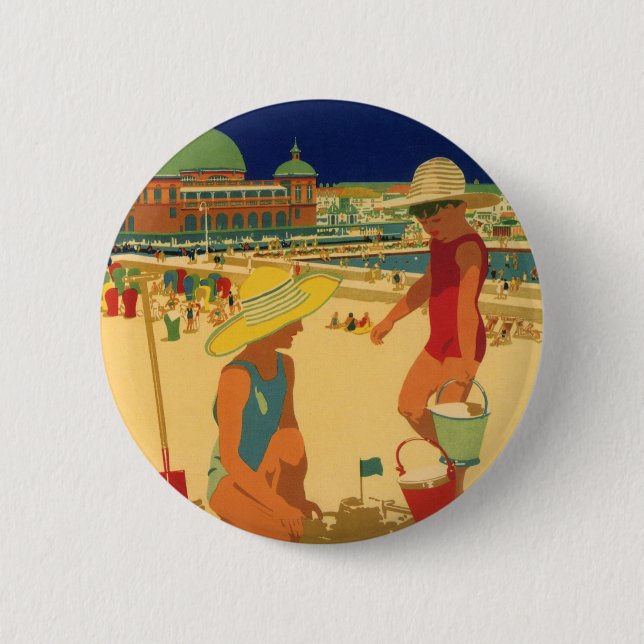 Vintage Kinder, Schwestern Familienurlaub am Stran Button (Vorderseite)