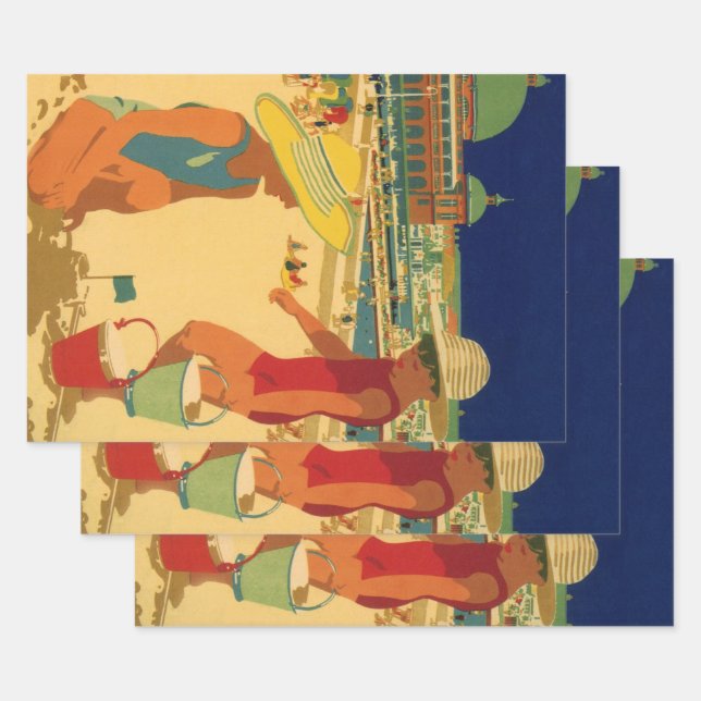 Vintage Kinder, Schwestern Familienurlaub am Stran Geschenkpapier Set (Set)