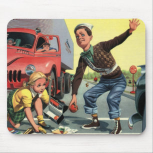 Vintage Kinder, Sicherheitspatrol hilft Mädchen Mousepad