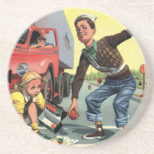 Vintage Kinder, Sicherheitspatrol hilft Mädchen Sandstein Untersetzer