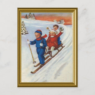 Vintage Kinder Skifahren Feiertagspostkarte