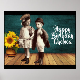 Vintage Kinder & Sonnenblumen personalisierter Geb Poster