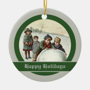 Vintage Kinder spielen im Winter Keramikornament