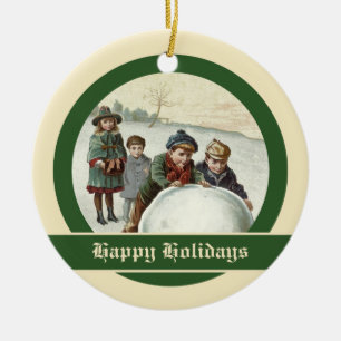 Vintage Kinder spielen im Winter Keramikornament