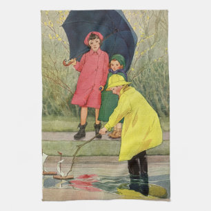 Vintage Kinder spielen in Pfützen "Ein regnerische Geschirrtuch