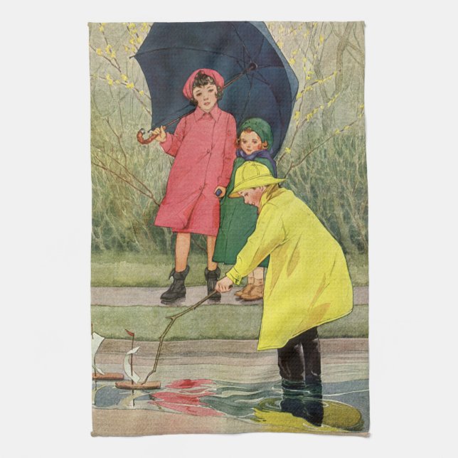 Vintage Kinder spielen in Puddles "A Rainy Day" Geschirrtuch (Vertikal)