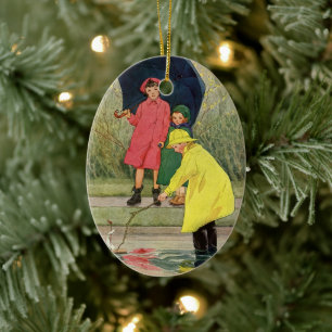 Vintage Kinder spielen in Puddles "A Rainy Day" Keramik Ornament