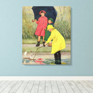 Vintage Kinder spielen in Puddles "A Rainy Day" Leinwanddruck