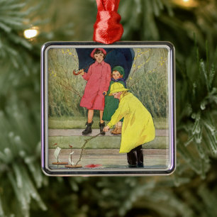 Vintage Kinder spielen in Puddles "A Rainy Day" Ornament Aus Metall