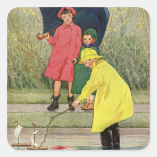 Vintage Kinder spielen in Puddles "A Rainy Day" Quadratischer Aufkleber