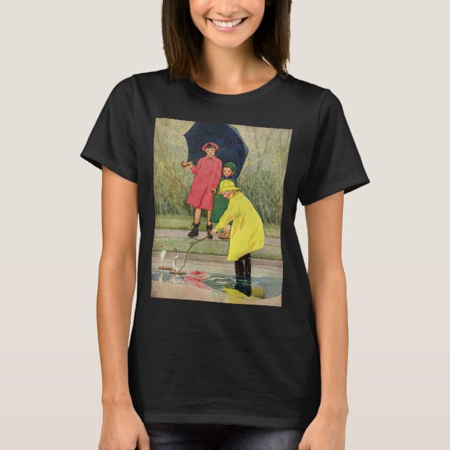 Vintage Kinder spielen in Puddles "A Rainy Day" T-Shirt (Vorderseite)
