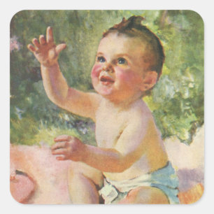 Vintage Kinder, süßes Baby-Mädchen auf einer rosa  Quadratischer Aufkleber