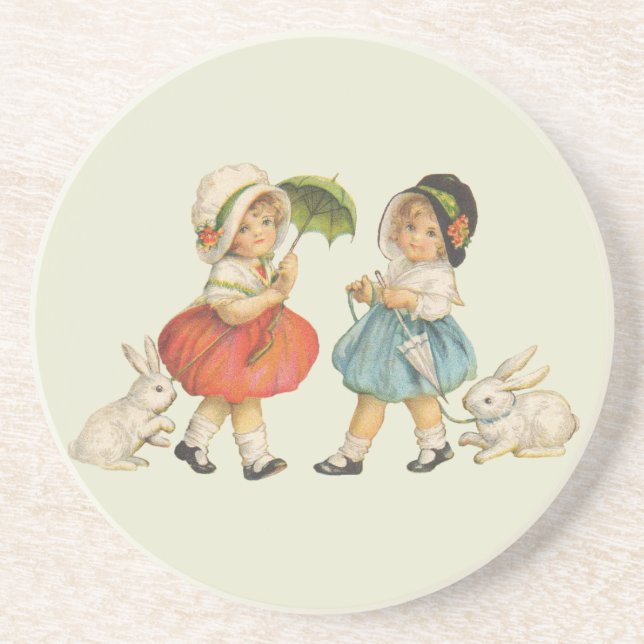 Vintage Kinder und Kaninchen Sandstein Untersetzer (Vorne)