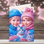 Vintage Kinder und Kätzchen Weihnachten Karte<br><div class="desc">Hübsche Weihnachtskarte mit Aquarellfarbe. Zwei niedliche Vintage Kinder,  ein Junge und ein Mädchen,  ein Bruder und eine Schwester,  die Kätzchen in blauen und rosa Winterhütten halten.</div>