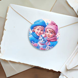 Vintage Kinder und Kätzchen Weihnachten Runder Aufkleber