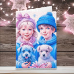 Vintage Kinder und Welpen Weihnachten Karte<br><div class="desc">Hübsche Weihnachtskarte mit Aquarellfarbe. Zwei niedliche Vintage Kinder,  ein Junge und ein Mädchen,  ein Bruder und eine Schwester,  die Welpen in blauen und rosa Winterhütten halten.</div>