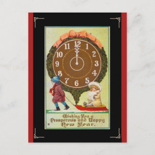 Vintage Kinder unter einer Uhr Frohes Neues Jahr Postkarte