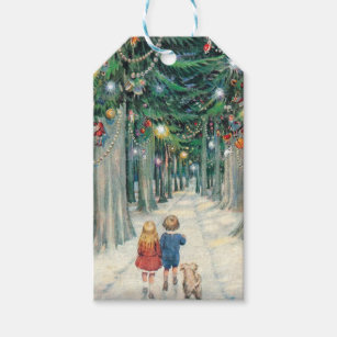 Vintage Kinder wandern durch Weihnachtsbäume Geschenkanhänger