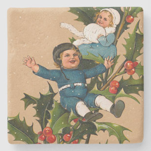 Vintage Kinder zu Weihnachten Holly Steinuntersetzer